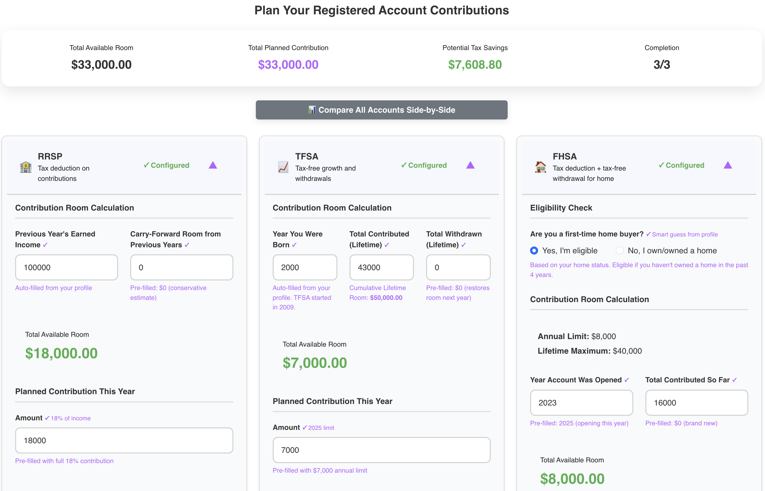 Canadian Tax Calculator showing RRSP, TFSA, and FHSA contribution room and tax savings